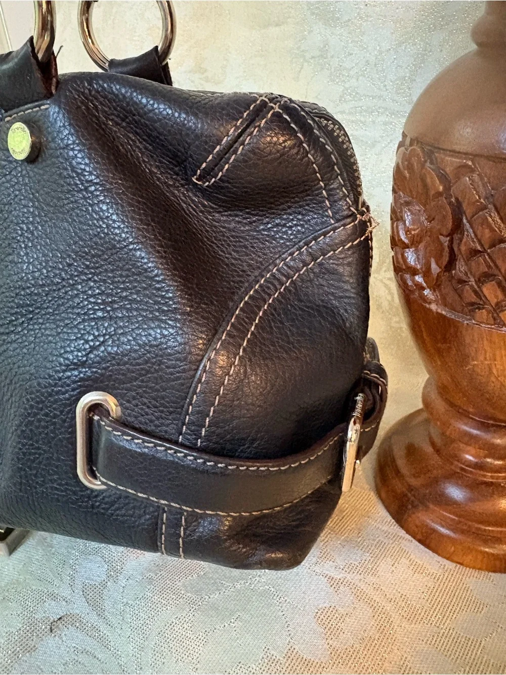 Tignanello Black Pebbled Leather Shoulder Bag with Silver Hardware